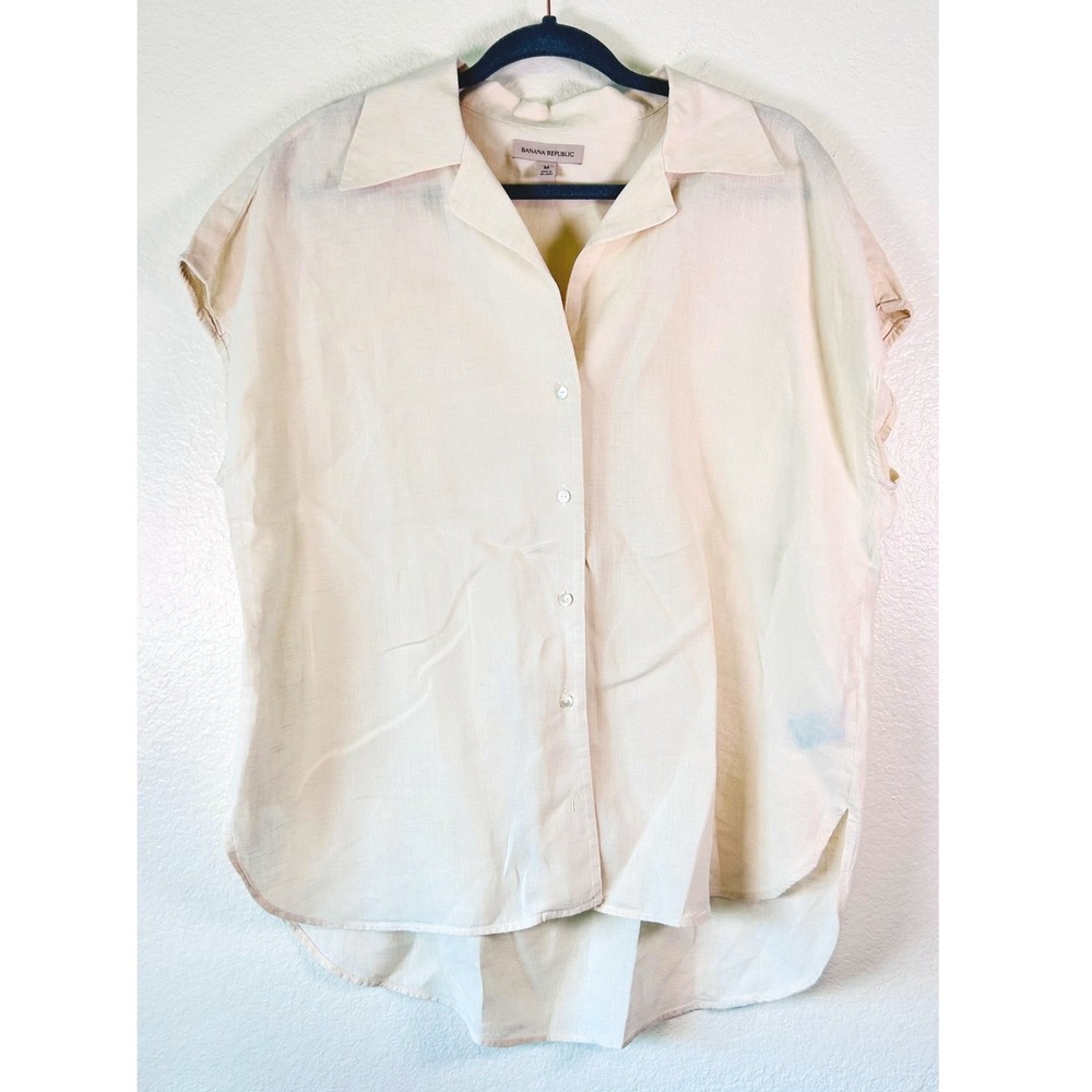 Banana Republic Quiet Luxury Cream 100% Linen Short Sleeve Effortless Shirt M